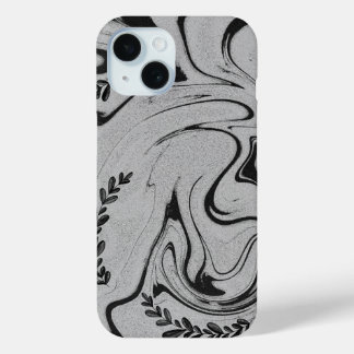 Coque Pour iPhone 15 Elegant Black and White Marble Leaf Swirl iPhone 1