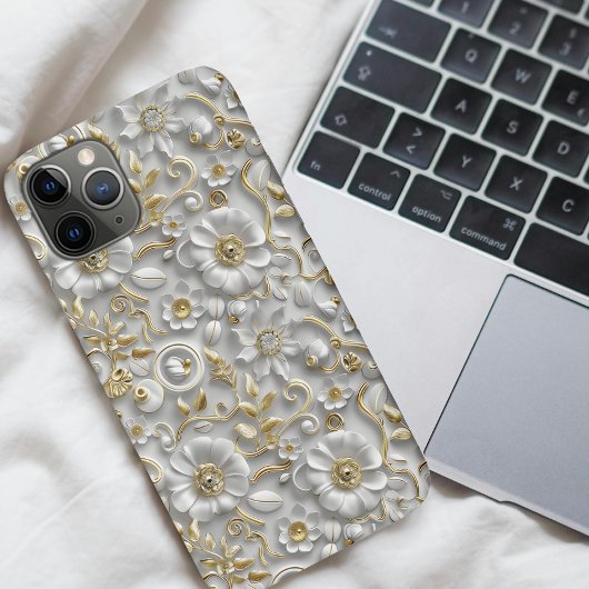 Coques Case-Mate iPhone Élégant blanc et or 3D floral