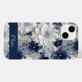 Coques Case-Mate iPhone Élégant bleu blanc floral chic Nom personnalisé (Verso (horizontal))