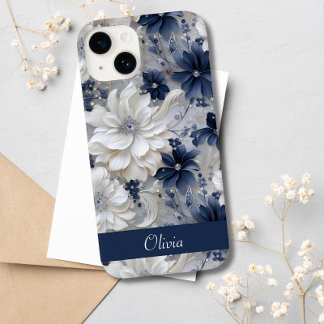 Coque Pour iPhone 14 Élégant bleu blanc floral chic Nom personnalisé