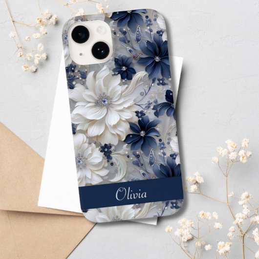Coques Case-Mate iPhone Élégant bleu blanc floral chic Nom personnalisé
