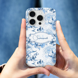 Coque iPhone 15 Pro Élégant bleu gravé Nom floral / Monogramme