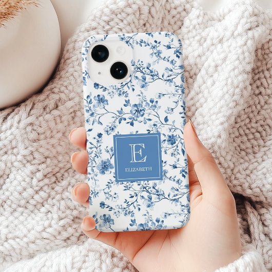 Coques Case-Mate iPhone Elegant Blue French Toile Pattern Monogram Name