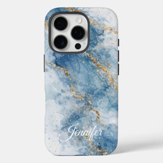 Coques Case-Mate iPhone Elegant Blue Gold Glitter Abstract Flow            (Verso)