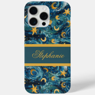Coque iPhone 15 Pro Max Élégant Blue Gold moderne Nom personnalisé