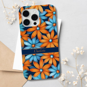 Coque iPhone 15 Pro Max Elégant Blue Orange Floral Daisies Nom personnalis