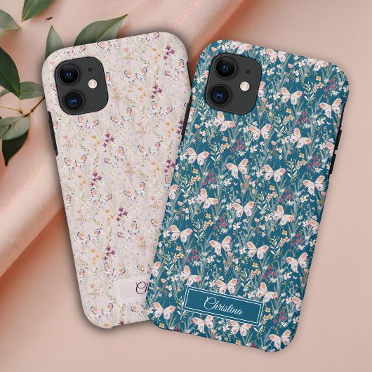 Coques Case-Mate iPhone Élégant Boho Aquarelle Fleur Papillon Monogramme