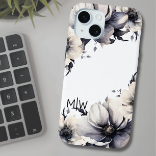 Coque Pour iPhone 15 Élégant Boho noir blanc Floral Monogramme