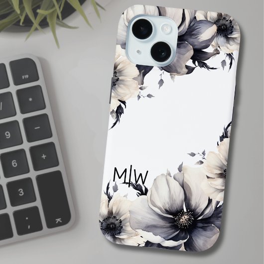 Coques Case-Mate iPhone Élégant Boho Noir Blanc Monogramme Floral