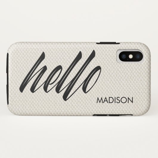 Coques Case-Mate iPhone Élégant Bonjour Nom Script Beige Faux Canvas (Dos (Horizontal))