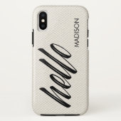 Coques Case-Mate iPhone Élégant Bonjour Nom Script Beige Faux Canvas (Dos)
