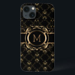 Etui iPhone 13 Elégant cadre floral baroque noir & or<br><div class="desc">Elégant cadre floral noir et or style baroque avec monogramme personnalisable.</div>