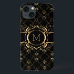 Etui iPhone 13 Elégant cadre floral baroque noir & or<br><div class="desc">Elégant cadre floral noir et or style baroque avec monogramme personnalisable.</div>