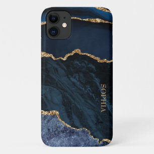 Case-Mate iPhone Case Élégant Chic Bleu Marine Marbre Agate Doré Sur Mes