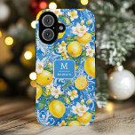 Coques iPhone 16 Élégant citron agrumes Monogramme Nom personnalisé<br><div class="desc">Élégant citron Citrus Monogramme Nom personnalisé iPhone 16 Coques dispose de votre monogramme et nom personnalisé dans une élégante typographie de script sur un motif moderne bleu et jaune de citrons et fleurs. Un cadeau parfait pour elle pour l'anniversaire, maman pour la fête des mères, soeur ou bestie pour Noël...</div>