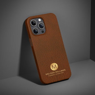 Coque iPhone 15 Pro Max Élégant Classy Brown Faux Cuir & Or Monogramme