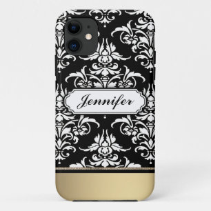 Coques Pour iPhone Élégant Damas noir et blanc au fond doré