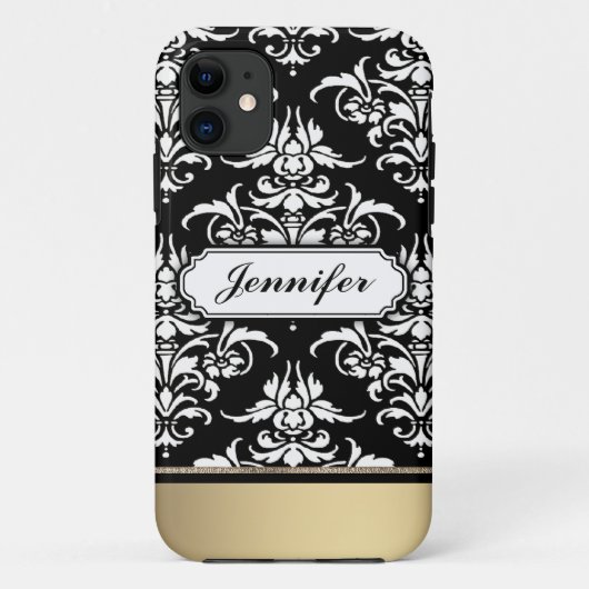 Coques Case-Mate iPhone Élégant Damas noir et blanc au fond doré (Dos)