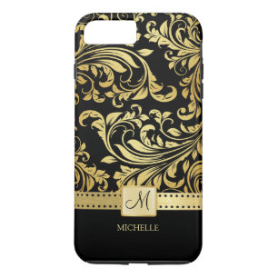 Coque iPhone 8 Plus/7 Plus Élégant Damas noir et or avec monogramme