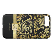 Coques Case-Mate iPhone Élégant Damas noir et or avec monogramme (Dos (Horizontal))