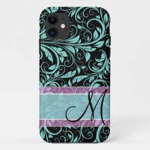 Coques Pour iPhone Élégant damas turquoise bleu et noir monogramme