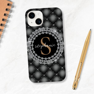 Coque Pour iPhone 14 Élégant Diamants Noirs Personnalisé Monogramme Or