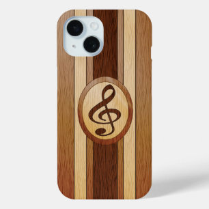 Coque Pour iPhone 15 Élégant Faux Wood Treble Clef Inlay