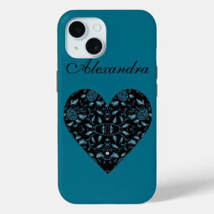 Coque Pour iPhone 15 Elégant Fleur Noir et Turquoise Damas Coeur
