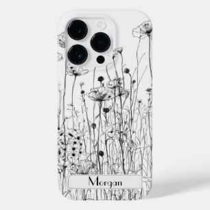 Coque Pour iPhone 14 Pro Élégant Fleur sauvage moderne blanc et noir