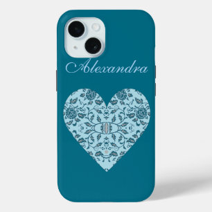 Coque Pour iPhone 15 Elégant Fleur Turquoise Damas Coeur