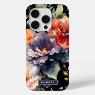 Coque iPhone 15 Pro Élégant floral foncé dramatique sur monogramme noi