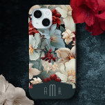 Coque Pour iPhone 15 Élégant floral gras avec monogramme personnalisé<br><div class="desc">Elégant rouge rubis exotique,  bleu poussiéreux et blanc cassé sur un arrière - plan bleu turquoise foncé avec élément étiquette vierge unique pour votre nom ou monogramme. La couleur du étiquette peut être customisée à l'aide de l'outil de sélection de couleurs du panneau de conception d'édition.</div>