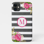 Coques Case-Mate iPhone Élégant floral noir blanc rayure Monogramme (Dos)
