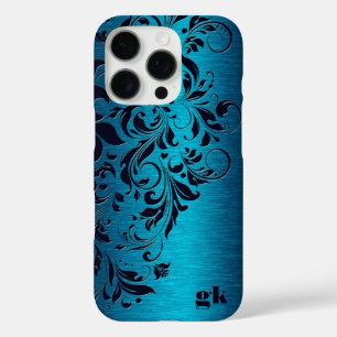 Coques iPhone 16 Pro Élégant Flore Bleu Foncé Sur Bleu Métallique