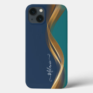 Case-Mate iPhone Case Élégant Gold Waves Blue Turquoise avec nom