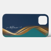 Coques Case-Mate iPhone Élégant Gold Waves Blue Turquoise avec nom (Verso (horizontal))