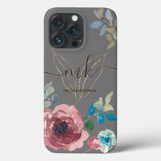 Coques Case-Mate iPhone Élégant Gris Botanique Floral Roses Nom du monogra (Verso)
