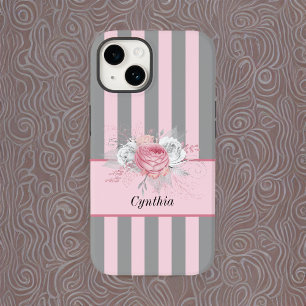 Coque Pour iPhone 14 Elégant Gris et rose rayures et fleurs