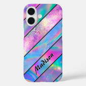 Coques Case-Mate iPhone élégant holographique chic rose rose rayé (Verso)