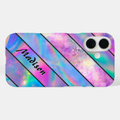 Coques Case-Mate iPhone élégant holographique chic rose rose rayé (Verso (horizontal))