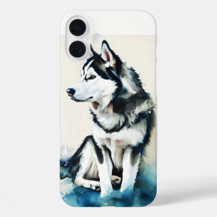 Coques iPhone 16 Plus Elégant Husky Aquarelle Art - Portra Chien Majesti
