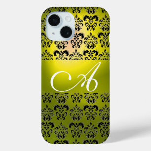COQUE POUR iPhone 15 ÉLÉGANT JAUNE BLACK DAMASK MONOGRAM