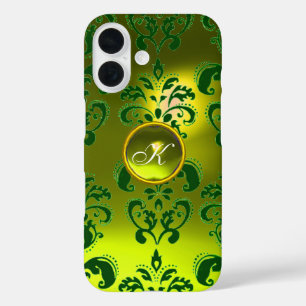 COQUES iPhone 16 ÉLÉGANT JAUNE DOMMASQUE VERT MONOGRAMME EN PIERRE