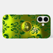 COQUES Case-Mate iPhone ÉLÉGANT JAUNE DOMMASQUE VERT MONOGRAMME EN PIERRE (Verso (horizontal))