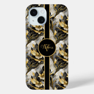 Coque Pour iPhone 15 Élégant Marbre Floral Japonais Or & Noir