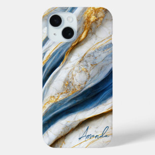 Coque Pour iPhone 15 Elégant Marine Blanc Veines Or Marbre Monogramme