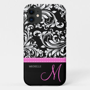 Coque iPhone 11 Élégant modèle noir et blanc de damas avec monogra