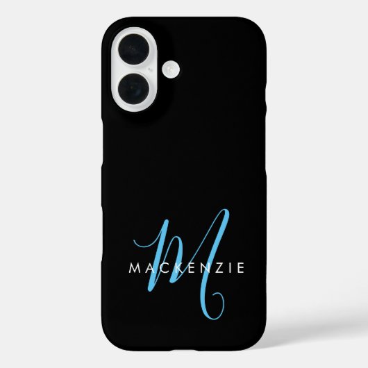 Coques Case-Mate iPhone Elegant Modern Black Sky Blue Script Monogram (Verso)