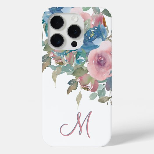 Coques Case-Mate iPhone Élégant Monogram M Pink Aqua Roses d'aquarelle (Verso)