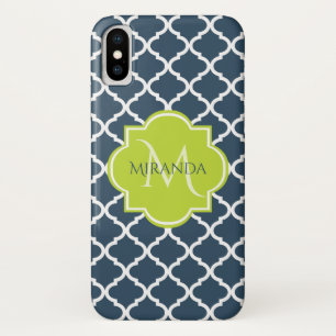 Coque Case-Mate Pour iPhone Élégant Monogram Marine Green Quatrefoil et nom